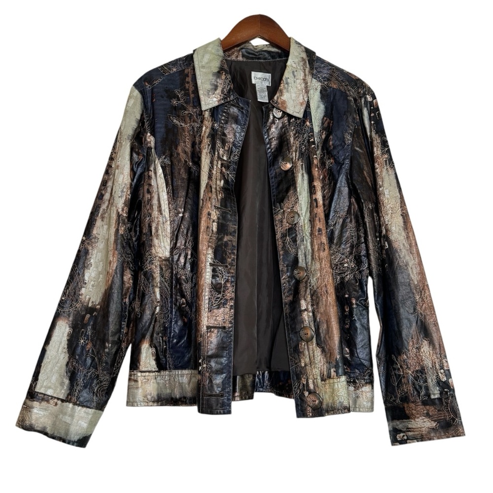 Chicos Jacket Brown Embroidered Annessa Boho Coat Western Artsy SZ Extra Large